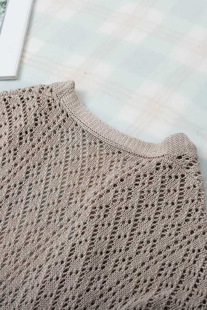 Smoke Gray Solid Color Pointelle Knit Open Front Cardigan - Fashion Queen -  11