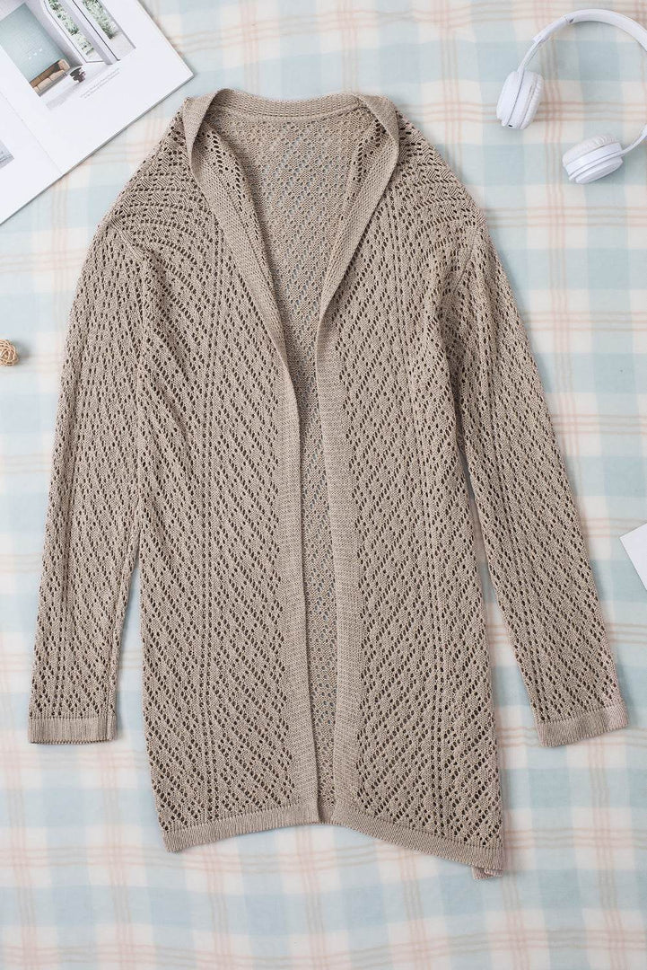 Smoke Gray Solid Color Pointelle Knit Open Front Cardigan - Fashion Queen -  6