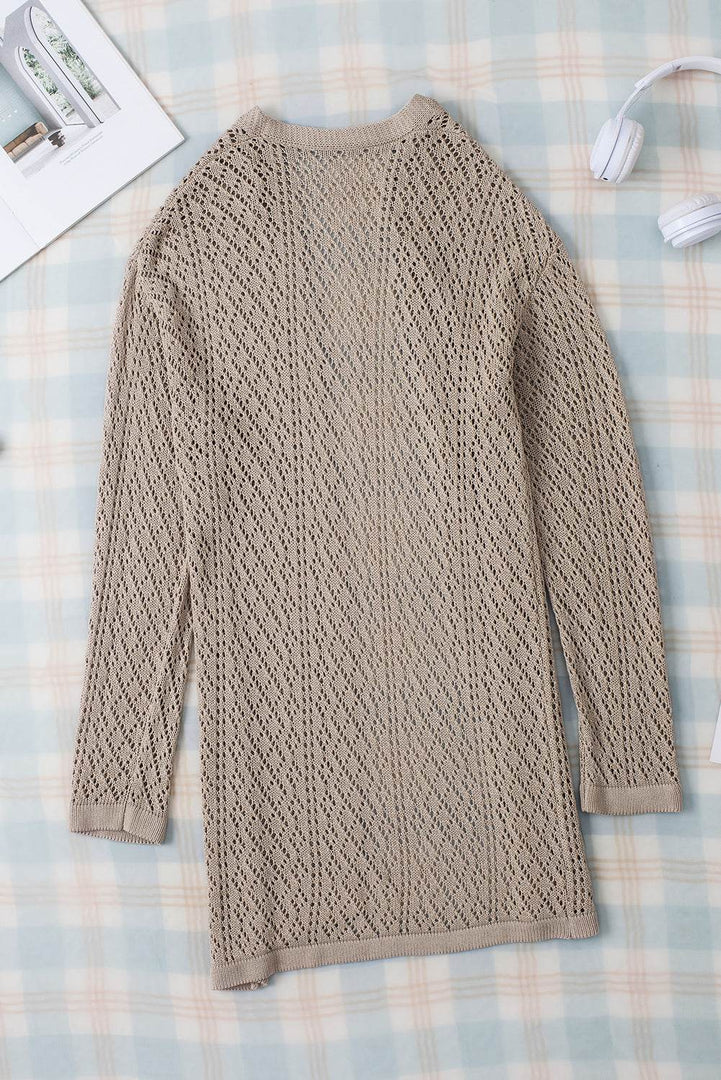 Smoke Gray Solid Color Pointelle Knit Open Front Cardigan - Fashion Queen -  7