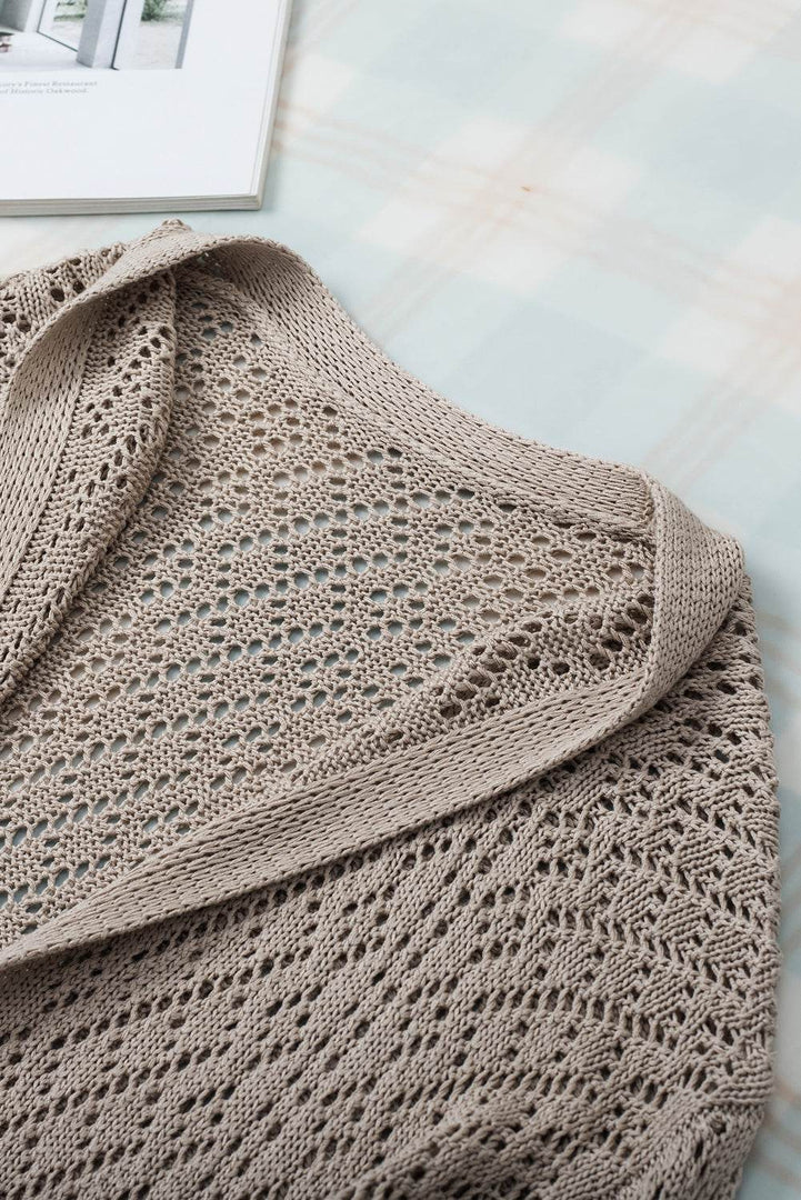 Smoke Gray Solid Color Pointelle Knit Open Front Cardigan - Fashion Queen -  9