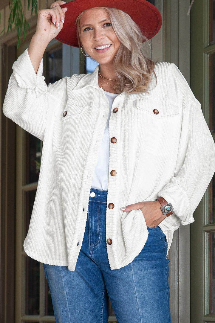 Smoke Gray Solid Corded Drop Shoulder Plus Size Shacket - Fashion Queen -  4