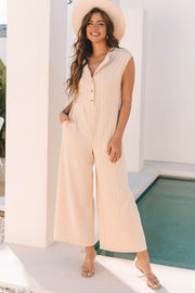 Smoke Gray Textured Buttoned Wide Leg Sleeveless Jumpsuit - Fashion Queen -  1