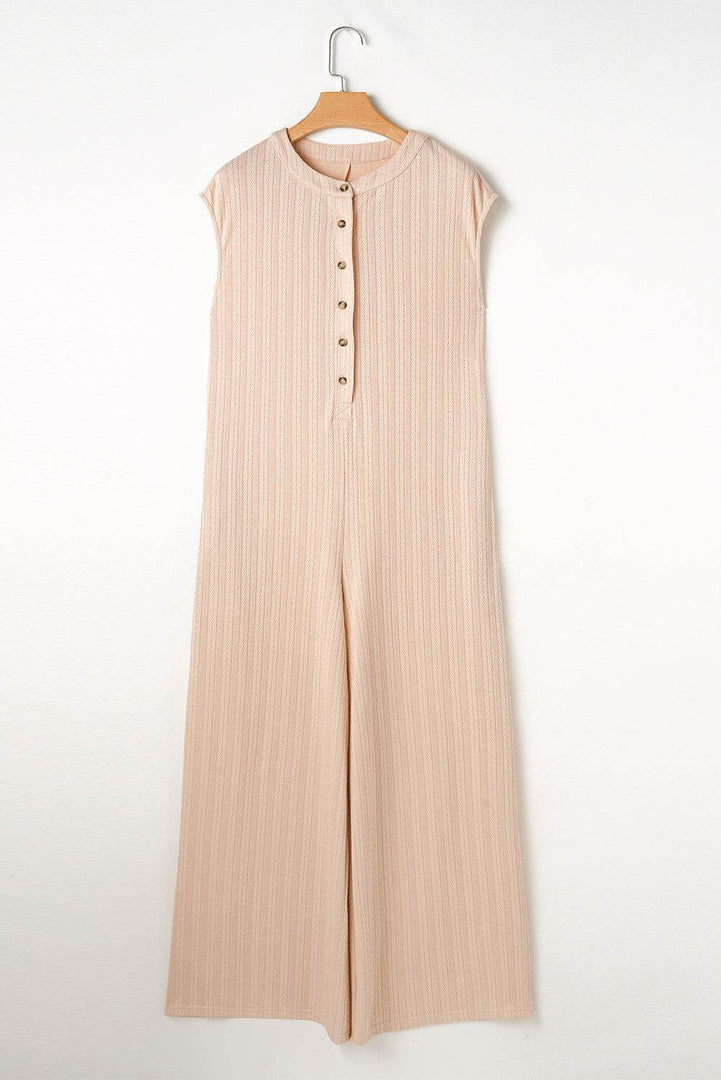 Smoke Gray Textured Buttoned Wide Leg Sleeveless Jumpsuit - Fashion Queen -  11