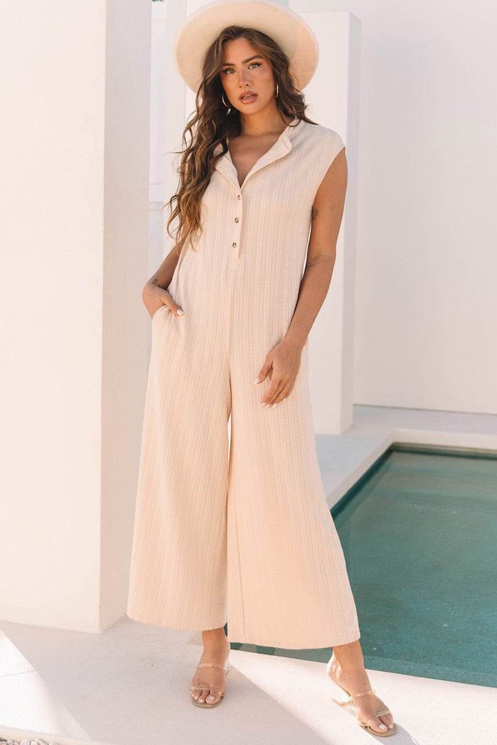 Smoke Gray Textured Buttoned Wide Leg Sleeveless Jumpsuit - Fashion Queen -  5