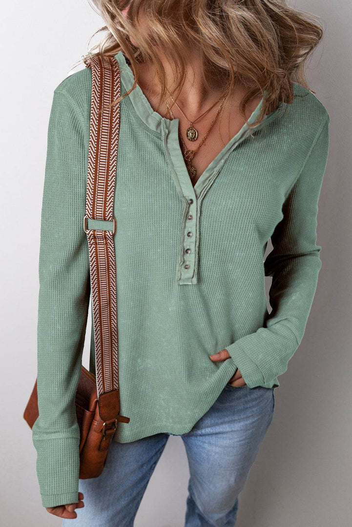 Smoke Green Acid Wash Waffle Knit Buttoned Neckline Long Sleeve Top - Fashion Queen -  1