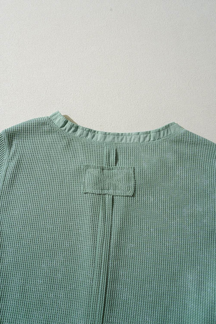 Smoke Green Acid Wash Waffle Knit Buttoned Neckline Long Sleeve Top - Fashion Queen -  10