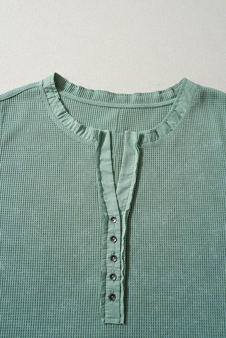 Smoke Green Acid Wash Waffle Knit Buttoned Neckline Long Sleeve Top - Fashion Queen -  11