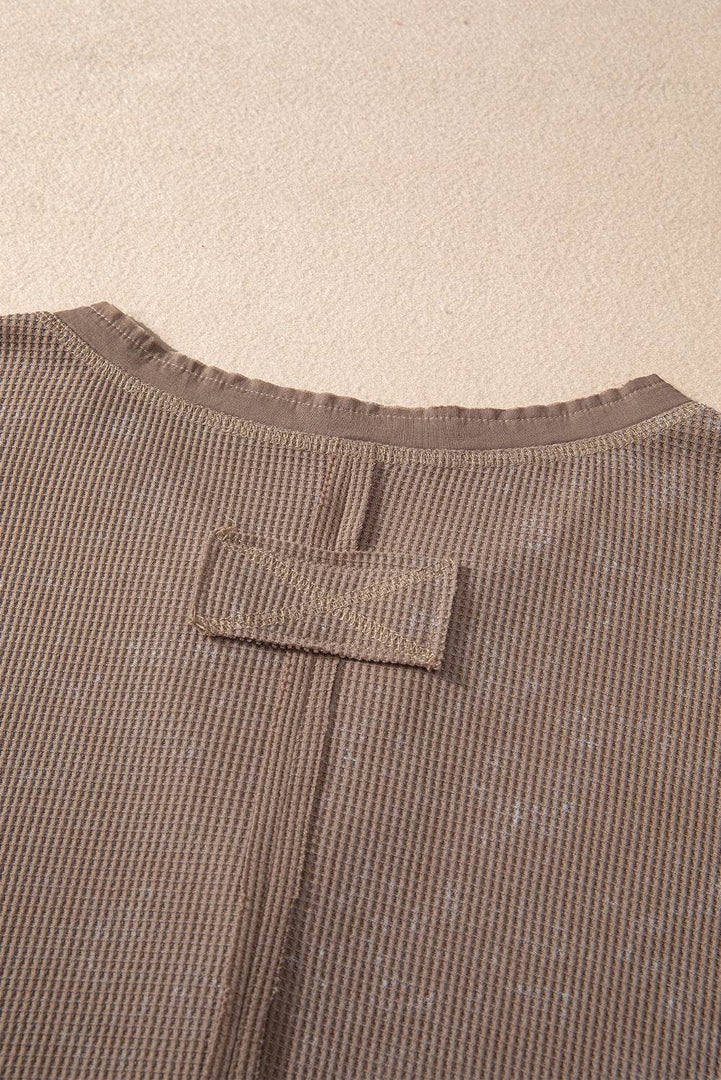 Smoke Green Acid Wash Waffle Knit Buttoned Neckline Long Sleeve Top - Fashion Queen -  19