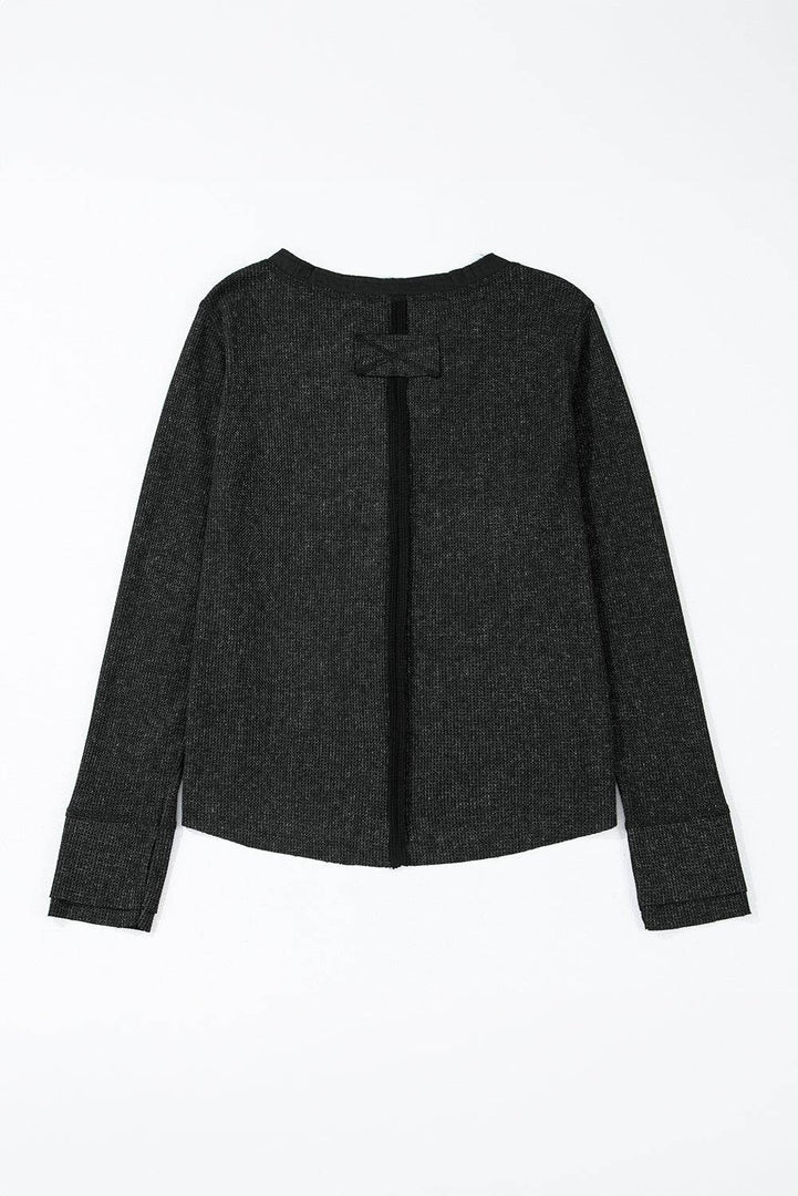Smoke Green Acid Wash Waffle Knit Buttoned Neckline Long Sleeve Top - Fashion Queen -  21