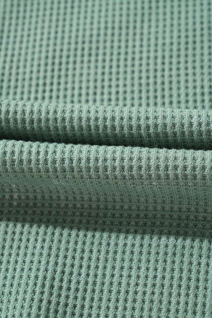 Smoke Green Acid Wash Waffle Knit Buttoned Neckline Long Sleeve Top - Fashion Queen -  3