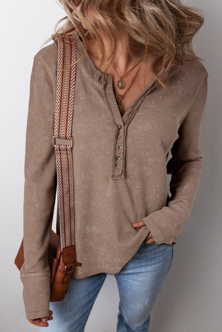 Smoke Green Acid Wash Waffle Knit Buttoned Neckline Long Sleeve Top - Fashion Queen -  4