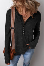 Load image into Gallery viewer, Smoke Green Acid Wash Waffle Knit Buttoned Neckline Long Sleeve Top - Fashion Queen -  7
