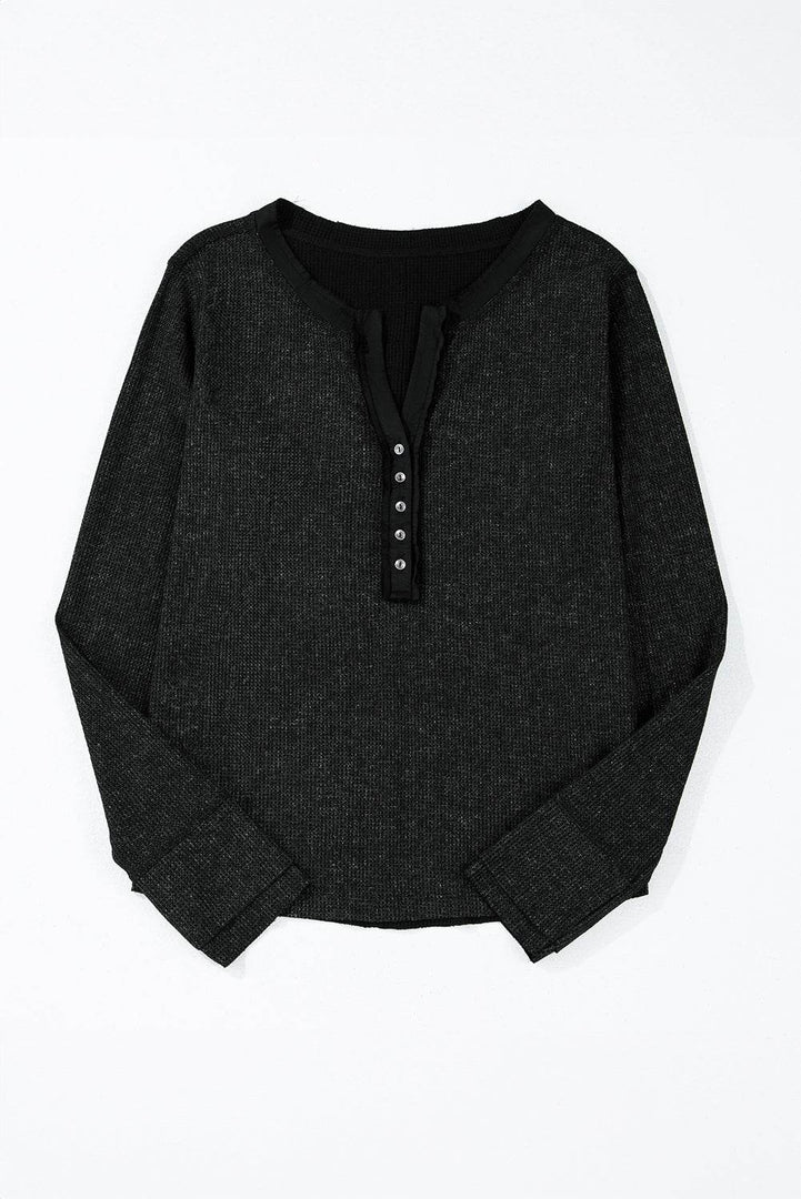 Smoke Green Acid Wash Waffle Knit Buttoned Neckline Long Sleeve Top - Fashion Queen -  9