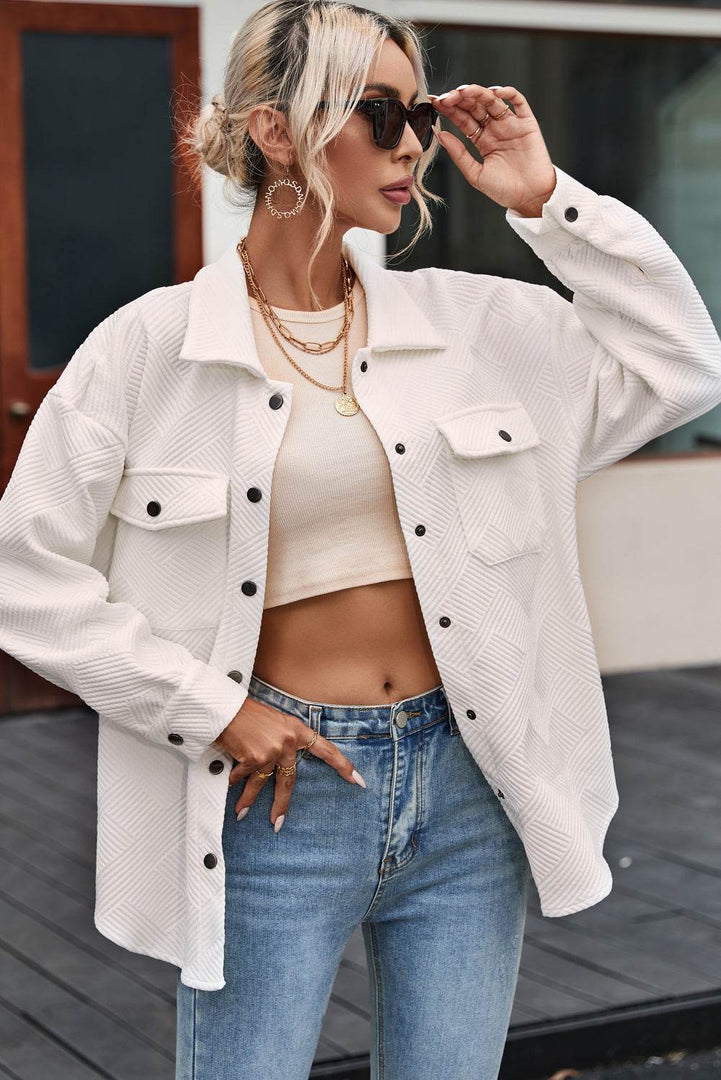 Solid Textured Flap Pocket Buttoned Shacket - Fashion Queen -  9