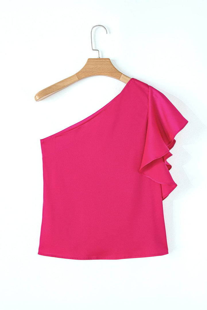 Strawberry Pink Asymmetric Shoulder Ruffle Sleeve Elegant Blouse - Fashion Queen -  16