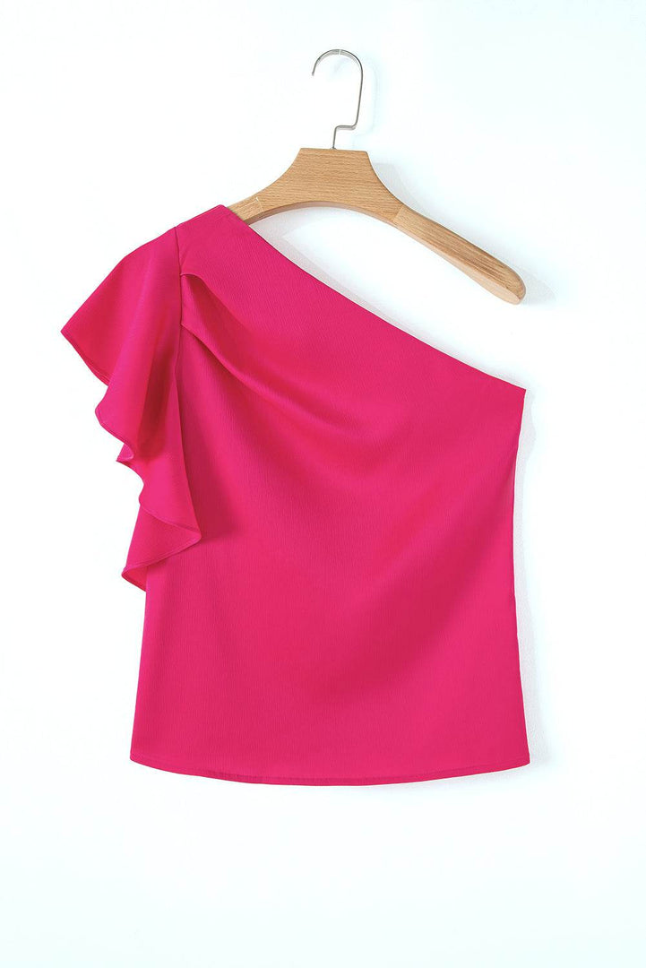 Strawberry Pink Asymmetric Shoulder Ruffle Sleeve Elegant Blouse - Fashion Queen -  17