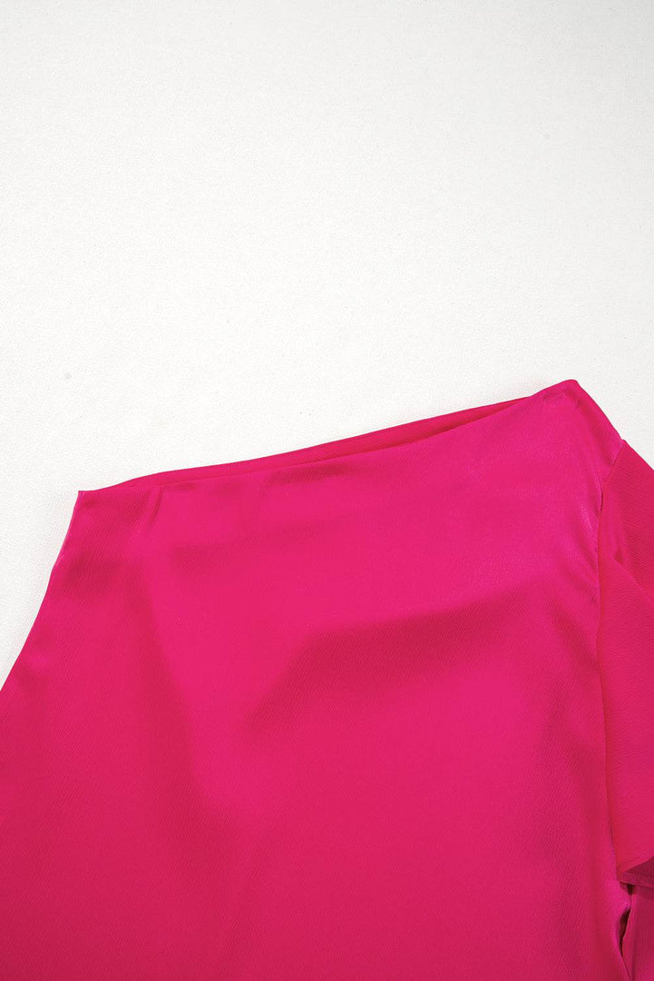Strawberry Pink Asymmetric Shoulder Ruffle Sleeve Elegant Blouse - Fashion Queen -  18
