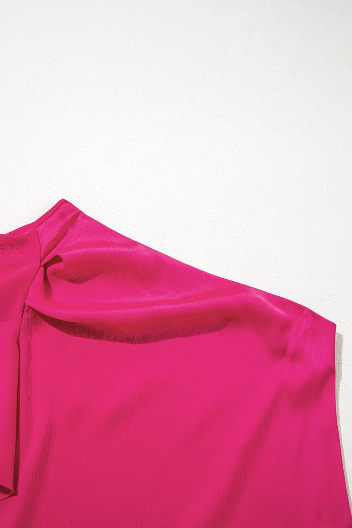 Strawberry Pink Asymmetric Shoulder Ruffle Sleeve Elegant Blouse - Fashion Queen -  19
