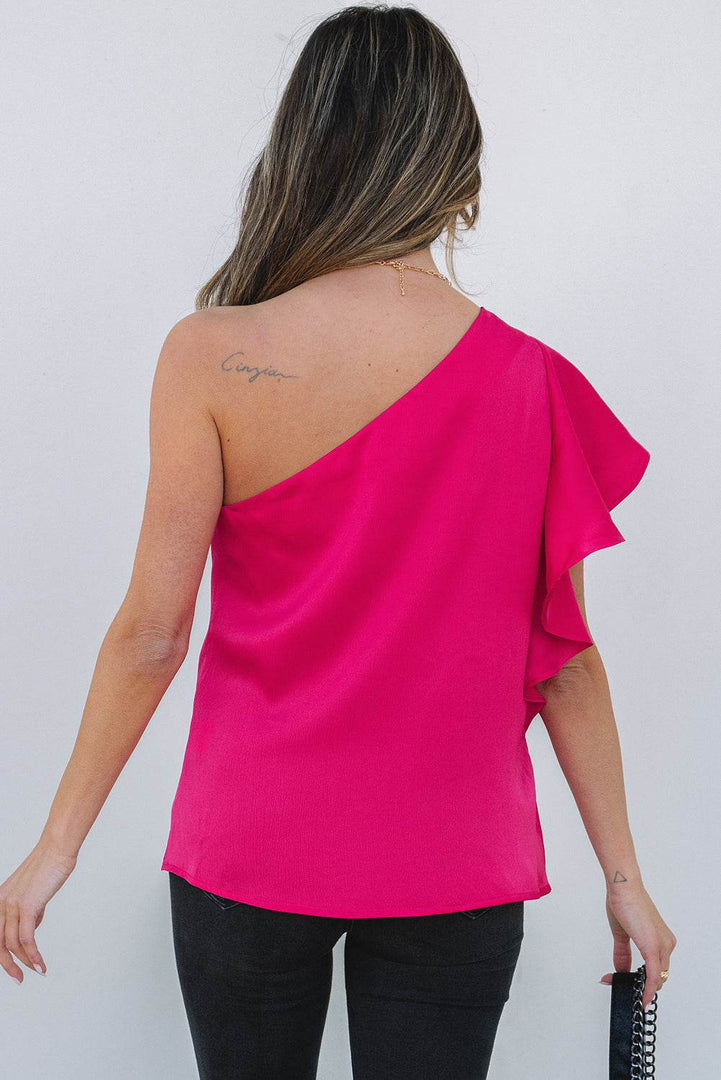 Strawberry Pink Asymmetric Shoulder Ruffle Sleeve Elegant Blouse - Fashion Queen -  2