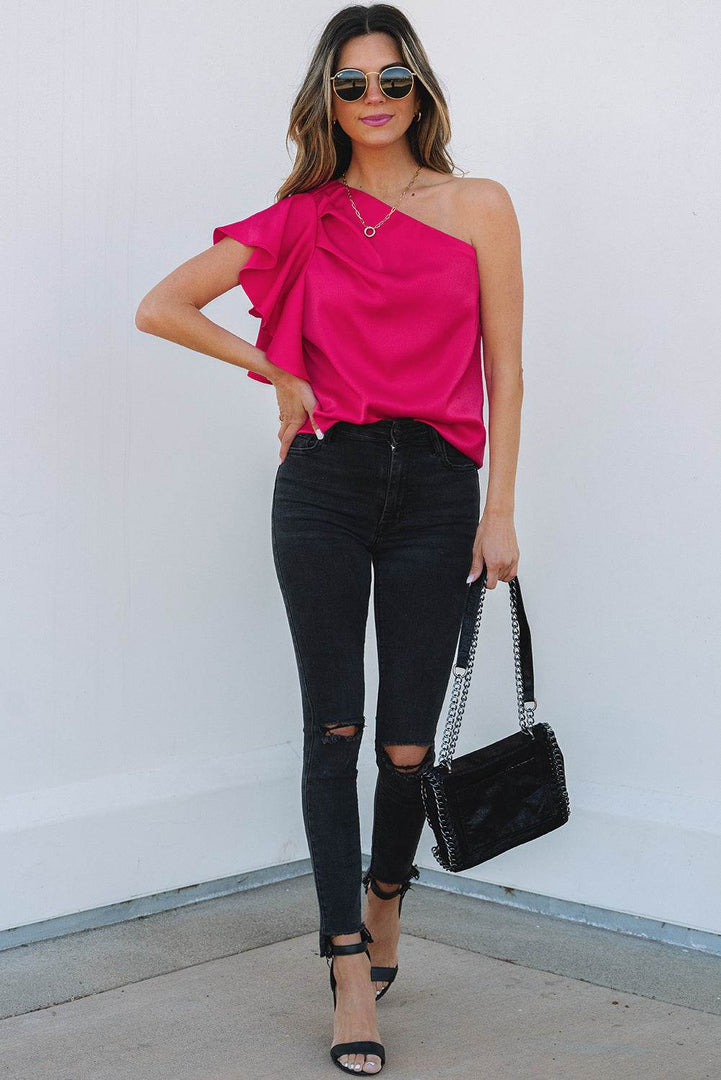 Strawberry Pink Asymmetric Shoulder Ruffle Sleeve Elegant Blouse - Fashion Queen -  7
