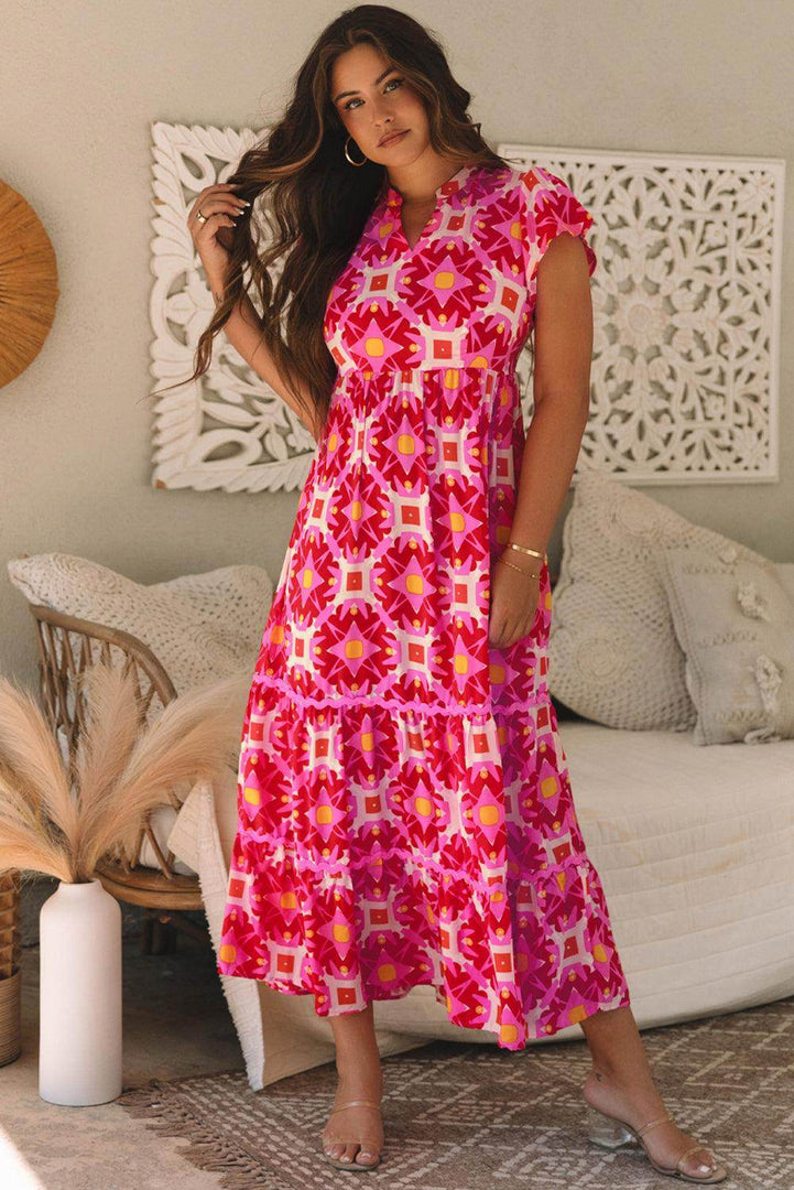 Strawberry Pink Geo Print V-neck Maxi Dress - Fashion Queen -  1