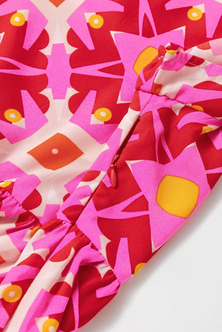 Strawberry Pink Geo Print V-neck Maxi Dress - Fashion Queen -  11