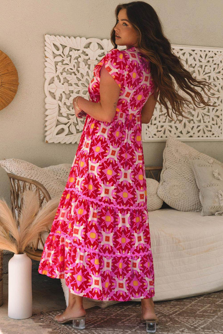 Strawberry Pink Geo Print V-neck Maxi Dress - Fashion Queen -  2