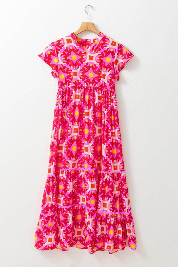 Strawberry Pink Geo Print V-neck Maxi Dress - Fashion Queen -  6