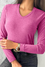 Load image into Gallery viewer, Strawberry Pink Ribbed Knit V Neck Long Sleeve Slim Fit Top - Fashion Queen -  1
