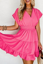 Load image into Gallery viewer, Strawberry Pink Ruched Sleeve V Neck Smock Waist Tiered Ruffled Dress - Fashion Queen -  1
