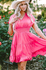 Load image into Gallery viewer, Strawberry Pink Ruched Sleeve V Neck Smock Waist Tiered Ruffled Dress - Fashion Queen -  10
