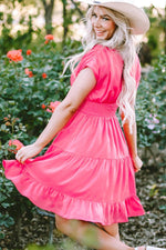 Load image into Gallery viewer, Strawberry Pink Ruched Sleeve V Neck Smock Waist Tiered Ruffled Dress - Fashion Queen -  11

