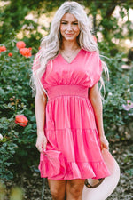 Load image into Gallery viewer, Strawberry Pink Ruched Sleeve V Neck Smock Waist Tiered Ruffled Dress - Fashion Queen -  12
