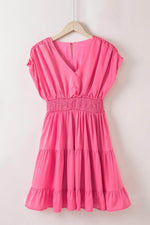 Load image into Gallery viewer, Strawberry Pink Ruched Sleeve V Neck Smock Waist Tiered Ruffled Dress - Fashion Queen -  13
