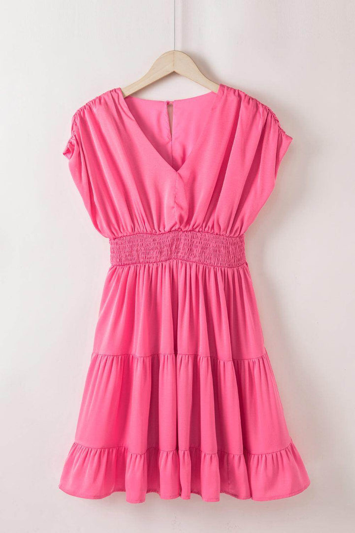 Strawberry Pink Ruched Sleeve V Neck Smock Waist Tiered Ruffled Dress - Fashion Queen -  13