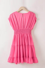 Load image into Gallery viewer, Strawberry Pink Ruched Sleeve V Neck Smock Waist Tiered Ruffled Dress - Fashion Queen -  14

