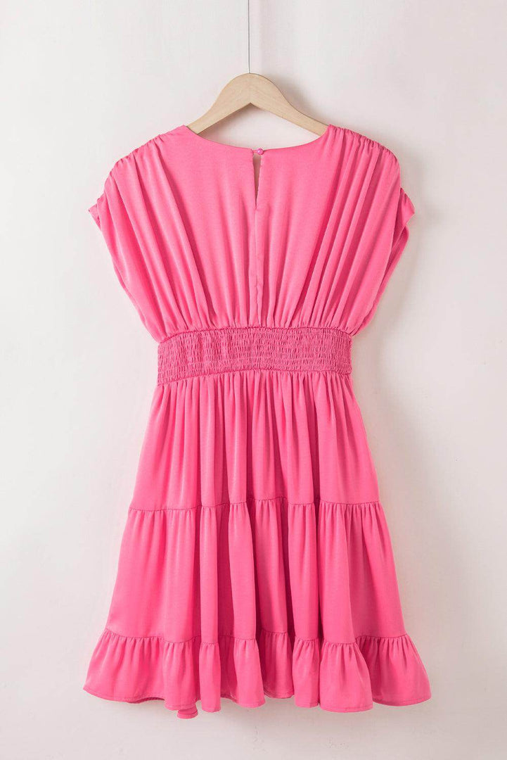 Strawberry Pink Ruched Sleeve V Neck Smock Waist Tiered Ruffled Dress - Fashion Queen -  14