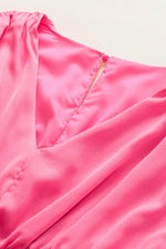 Load image into Gallery viewer, Strawberry Pink Ruched Sleeve V Neck Smock Waist Tiered Ruffled Dress - Fashion Queen -  15
