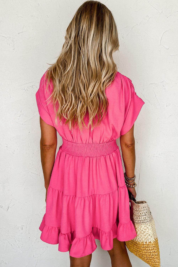 Strawberry Pink Ruched Sleeve V Neck Smock Waist Tiered Ruffled Dress - Fashion Queen -  2