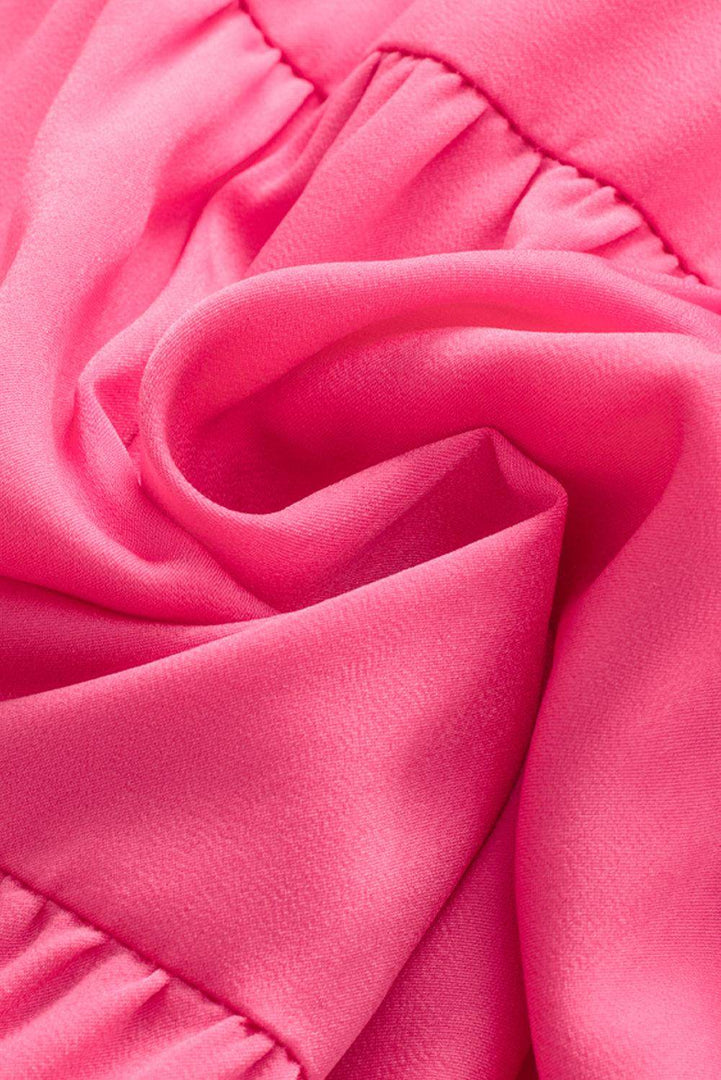 Strawberry Pink Ruched Sleeve V Neck Smock Waist Tiered Ruffled Dress - Fashion Queen -  22
