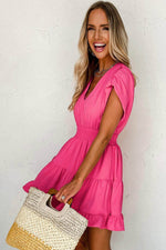 Load image into Gallery viewer, Strawberry Pink Ruched Sleeve V Neck Smock Waist Tiered Ruffled Dress - Fashion Queen -  3
