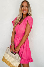 Load image into Gallery viewer, Strawberry Pink Ruched Sleeve V Neck Smock Waist Tiered Ruffled Dress - Fashion Queen -  4
