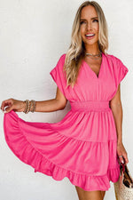 Load image into Gallery viewer, Strawberry Pink Ruched Sleeve V Neck Smock Waist Tiered Ruffled Dress - Fashion Queen -  5
