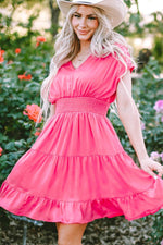 Load image into Gallery viewer, Strawberry Pink Ruched Sleeve V Neck Smock Waist Tiered Ruffled Dress - Fashion Queen -  6
