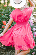 Load image into Gallery viewer, Strawberry Pink Ruched Sleeve V Neck Smock Waist Tiered Ruffled Dress - Fashion Queen -  7
