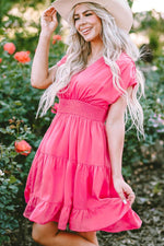 Load image into Gallery viewer, Strawberry Pink Ruched Sleeve V Neck Smock Waist Tiered Ruffled Dress - Fashion Queen -  8
