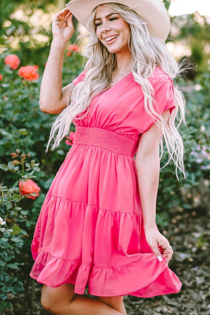 Strawberry Pink Ruched Sleeve V Neck Smock Waist Tiered Ruffled Dress - Fashion Queen -  8