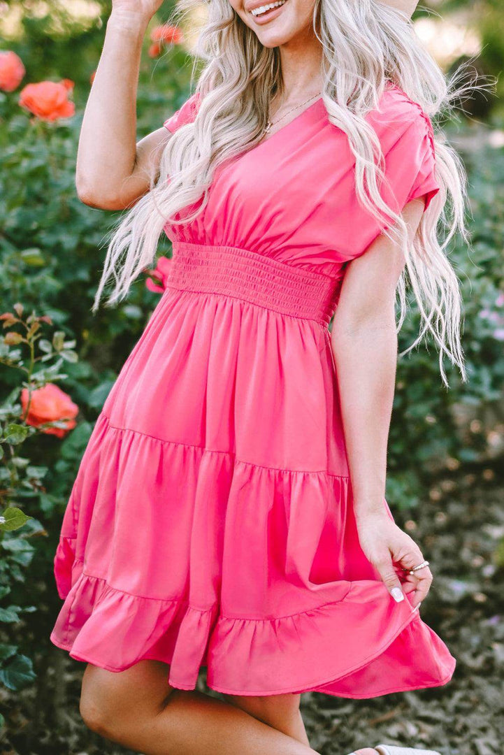 Strawberry Pink Ruched Sleeve V Neck Smock Waist Tiered Ruffled Dress - Fashion Queen -  9