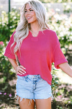 Load image into Gallery viewer, Strawberry Pink Textured Knit Split Neck Cuffed Short Sleeve Top - Fashion Queen -  1

