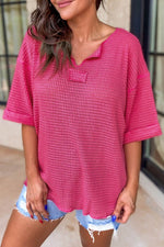 Load image into Gallery viewer, Strawberry Pink Textured Knit Split Neck Cuffed Short Sleeve Top - Fashion Queen -  10
